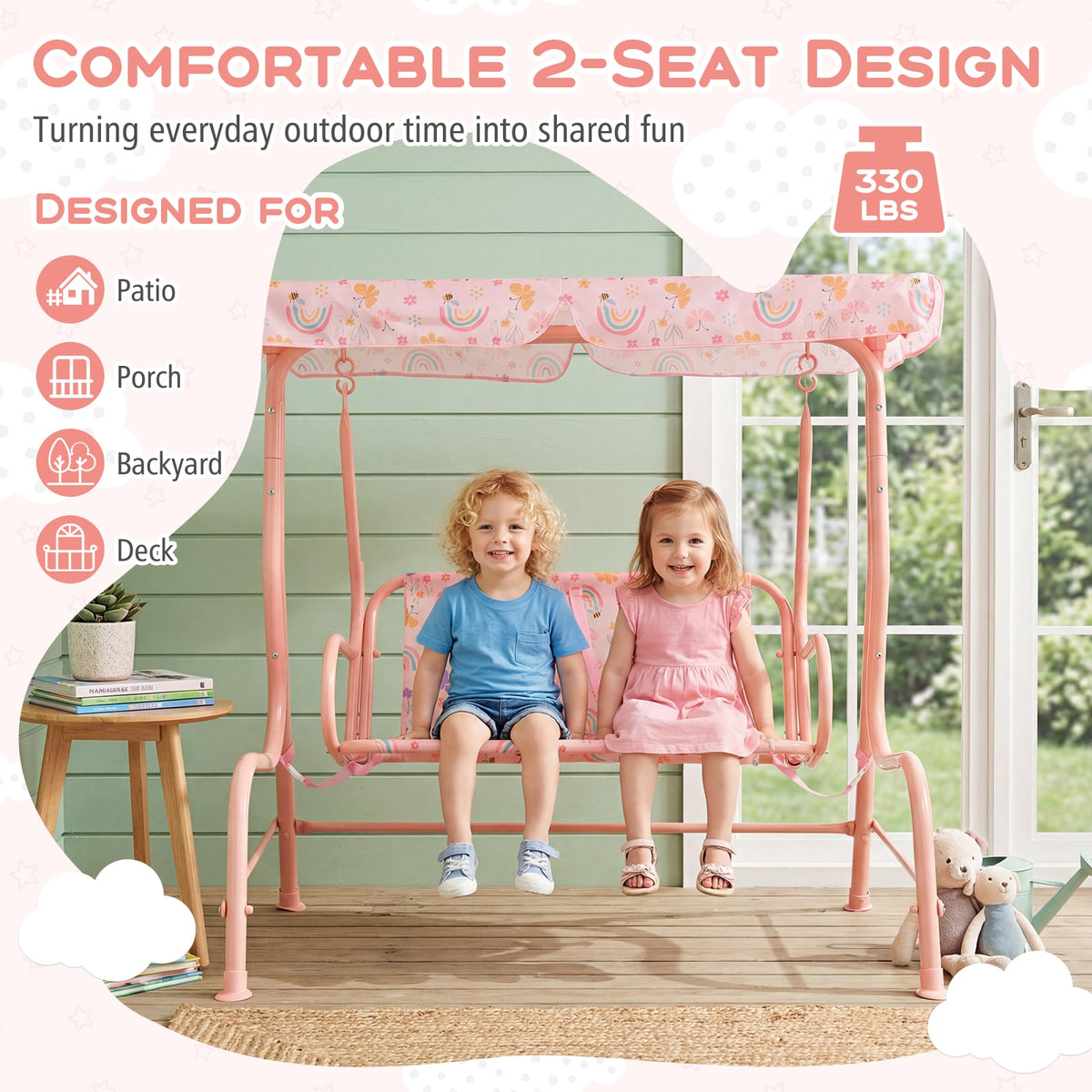 Kids Patio Swing 2-Seater Outdoor Porch Swing Lounge Chair with Adjustable Canopy-Pink view 8