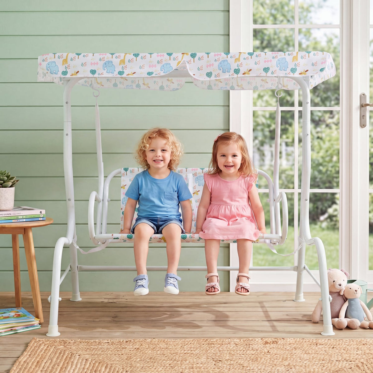 Kids Patio Swing 2-Seater Outdoor Porch Swing Lounge Chair with Adjustable Canopy-White view 3