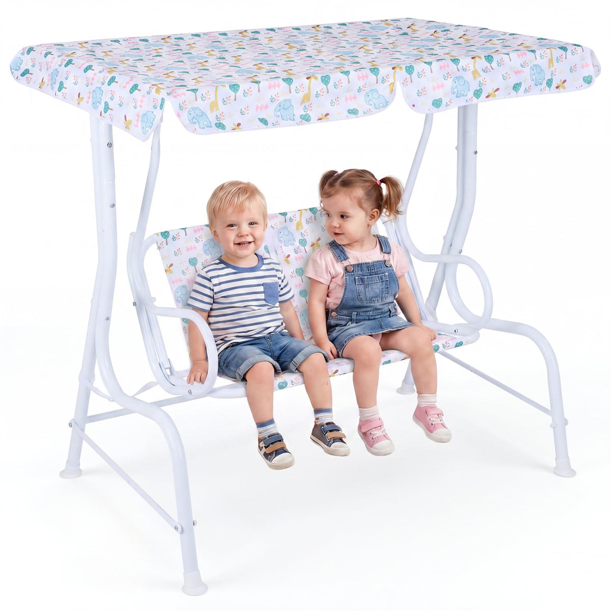 Kids Patio Swing 2-Seater Outdoor Porch Swing Lounge Chair with Adjustable Canopy-White view 4