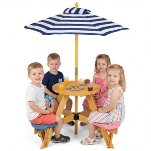Kids Picnic Table with Stools and Foldable Adjustable Umbrella for Backyard and Patio-Blue view 4
