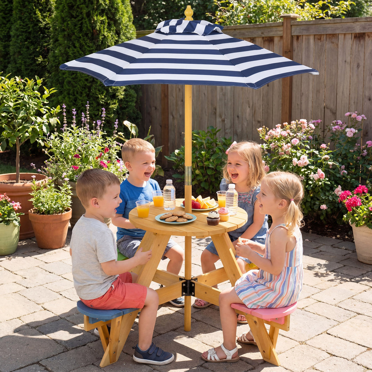 Kids Picnic Table with Stools and Foldable Adjustable Umbrella for Backyard and Patio-Blue view 2