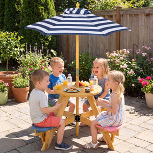 Kids Picnic Table with Stools and Foldable Adjustable Umbrella for Backyard and Patio-Blue view 2