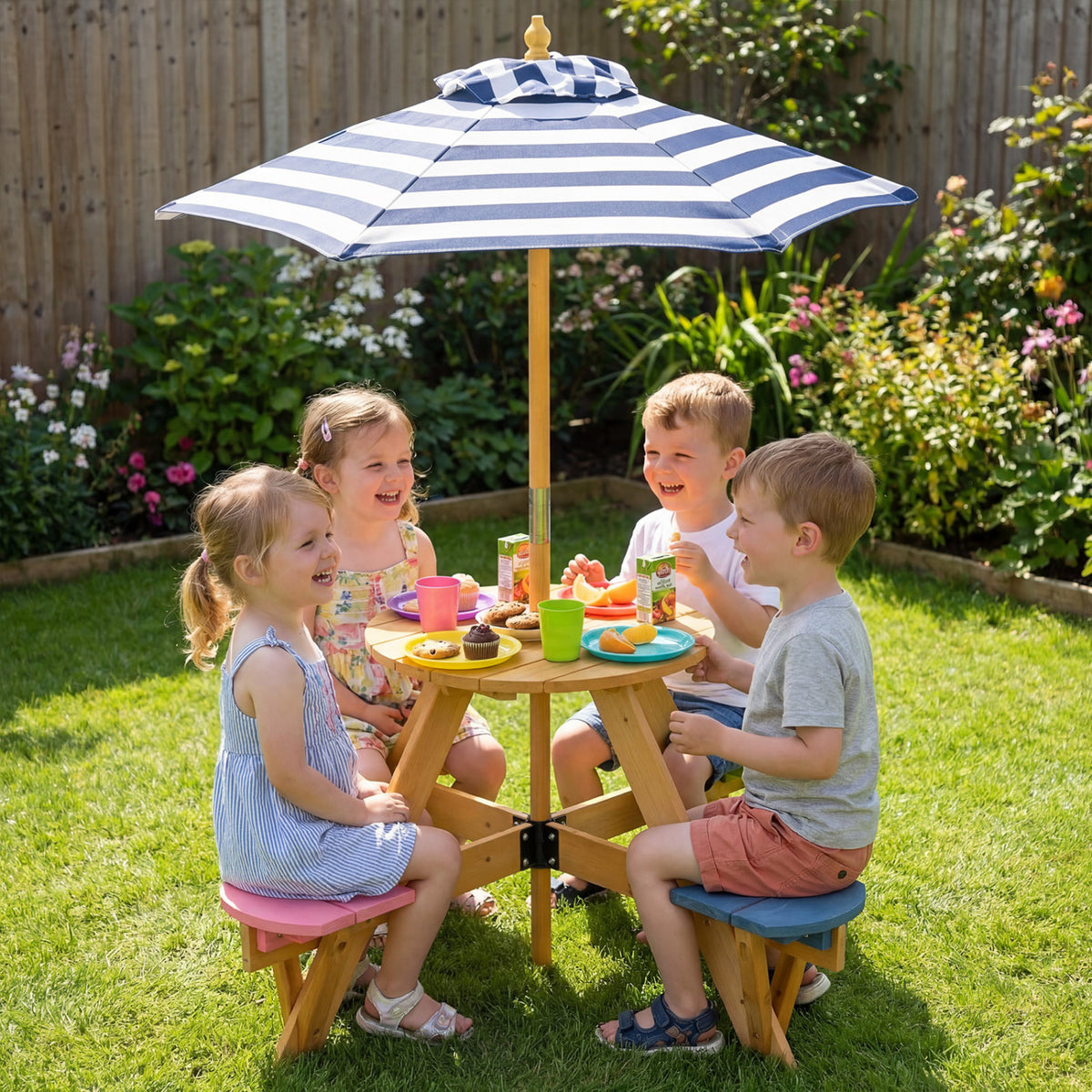 Kids Picnic Table with Stools and Foldable Adjustable Umbrella for Backyard and Patio-Blue view 3
