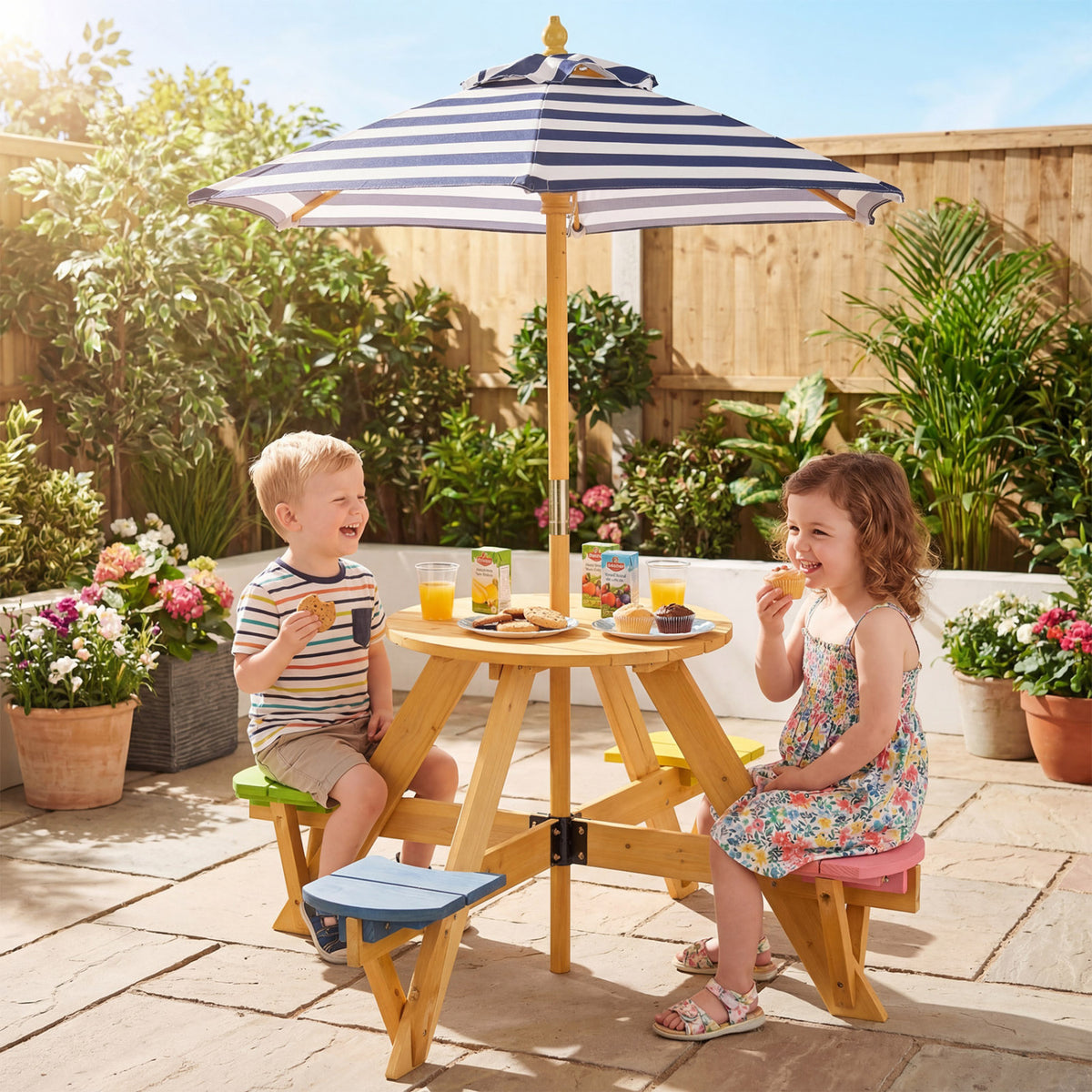 Kids Picnic Table with Stools and Foldable Adjustable Umbrella for Backyard and Patio-Blue view 6