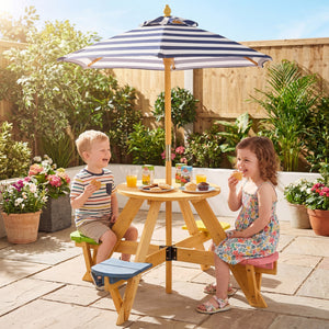Kids Picnic Table with Stools and Foldable Adjustable Umbrella for Backyard and Patio-Blue view 6