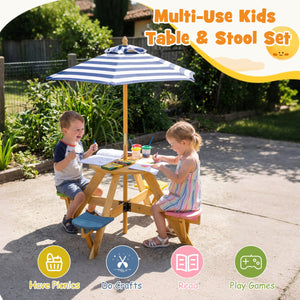 Kids Picnic Table with Stools and Foldable Adjustable Umbrella for Backyard and Patio-Blue view 8