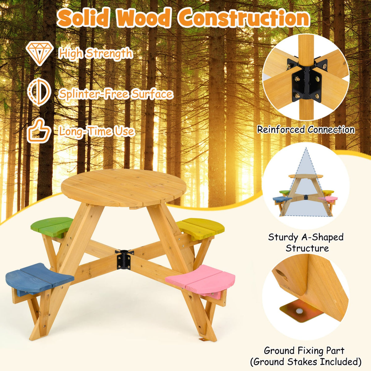 Kids Picnic Table with Stools and Foldable Adjustable Umbrella for Backyard and Patio-Blue view 9