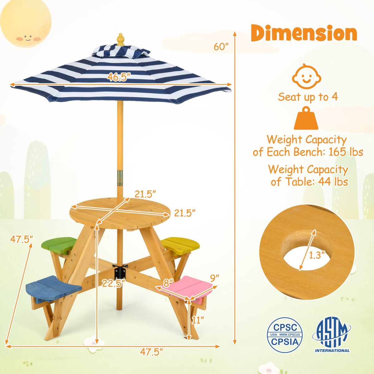 Kids Picnic Table with Stools and Foldable Adjustable Umbrella for Backyard and Patio-Blue view 5