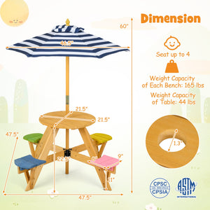 Kids Picnic Table with Stools and Foldable Adjustable Umbrella for Backyard and Patio-Blue view 5