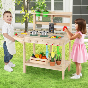 Kids Play Kitchen Set Wooden Kitchen Playset with Stoves for Boys Girls 3+-Natural view 2