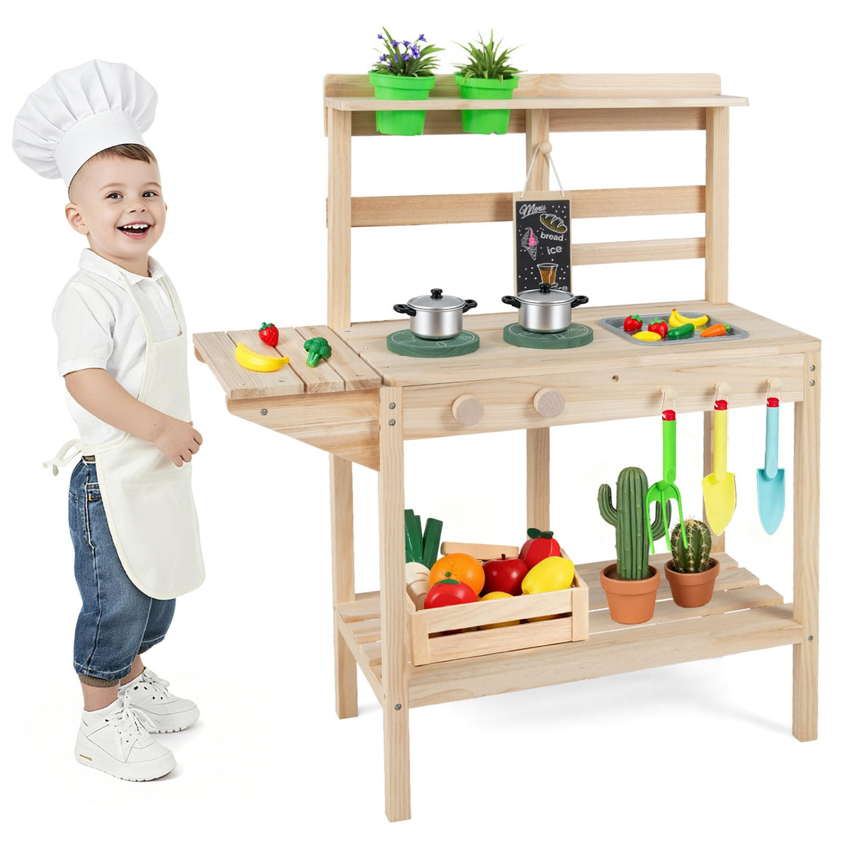 Kids Play Kitchen Set Wooden Kitchen Playset with Stoves for Boys Girls 3+-Natural view 3