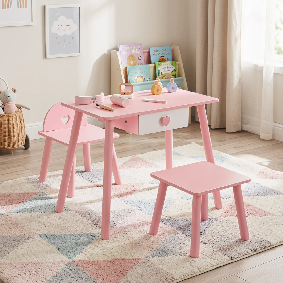 Kids Pretend Nail Salon Playset with Wooden Toddlers Makeup - Pink view 2