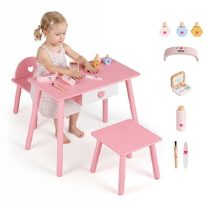 Kids Pretend Nail Salon Playset with Wooden Toddlers Makeup - Pink view 4