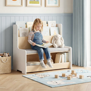 Kids Reading Nook with Bench Bookshelf and 2 Cubbies-White view 2
