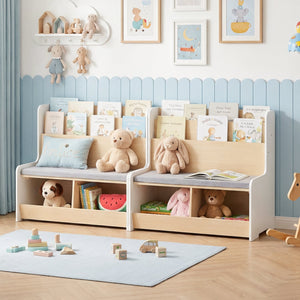 Kids Reading Nook with Bench Bookshelf and 2 Cubbies-White view 3