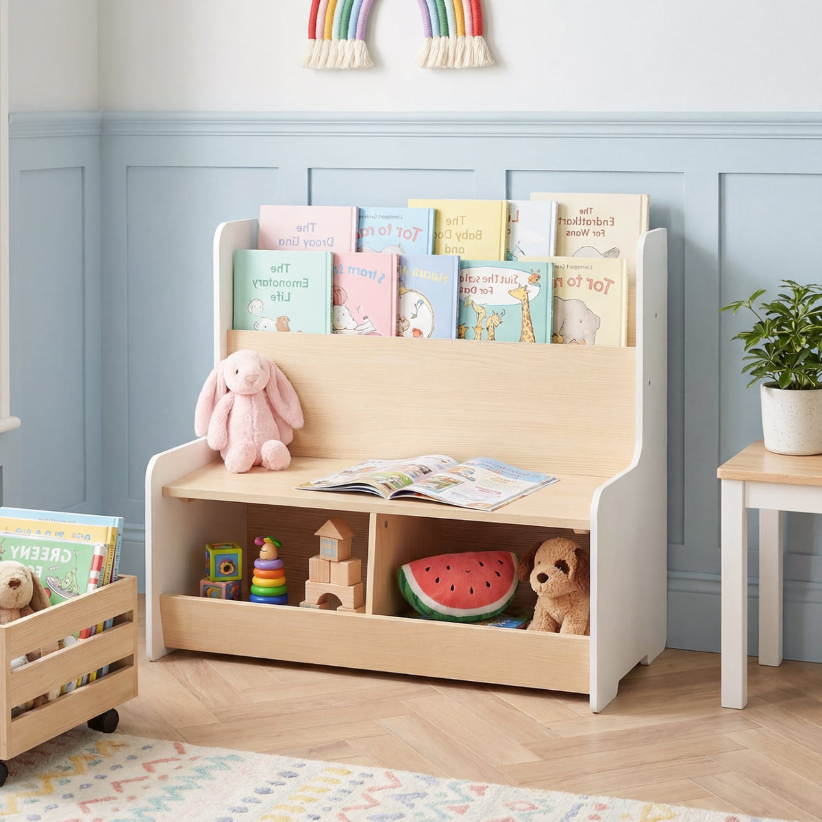 Kids Reading Nook with Bench Bookshelf and 2 Cubbies-White view 6