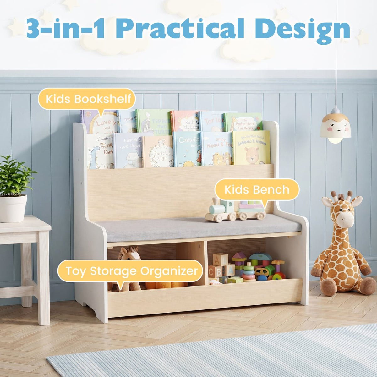 Kids Reading Nook with Bench Bookshelf and 2 Cubbies-White view 7