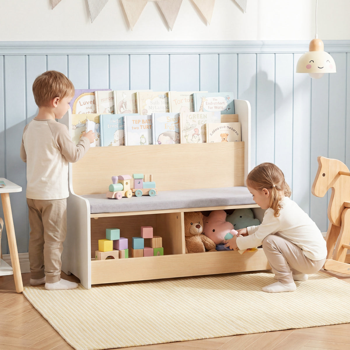 Kids Reading Nook with Bench Bookshelf and 2 Cubbies-White view 9