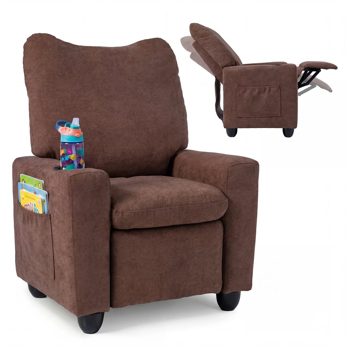 Kids Recliner Toddler Single Sofa with Adjustable Footrest and Cup Holder-Brown view 2