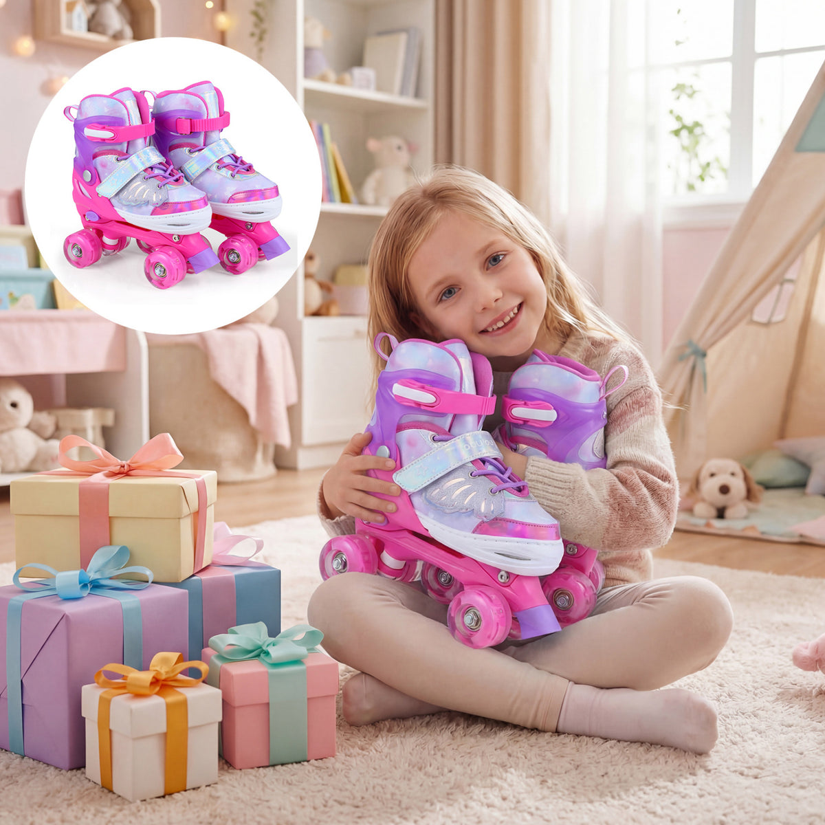Kids Roller Skates for Toddlers Ages 7-9 with 4 Light up Wheels-Pink view 5
