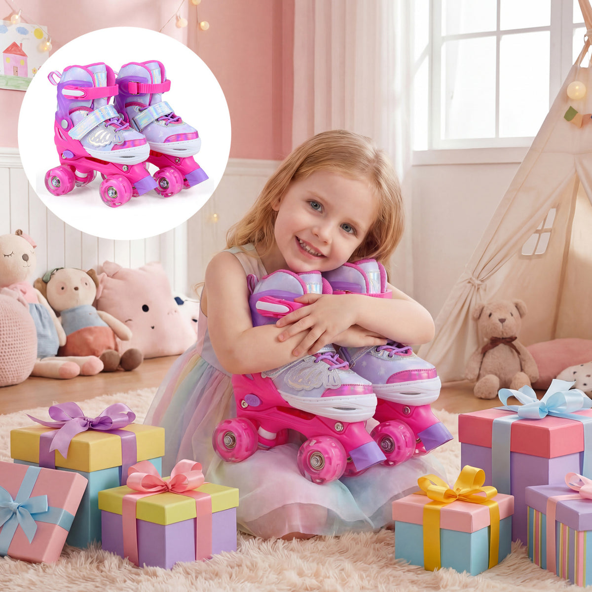 Kids Roller Skates for Toddlers Ages 5-7 with 4 Light-up Wheels-Pink view 3