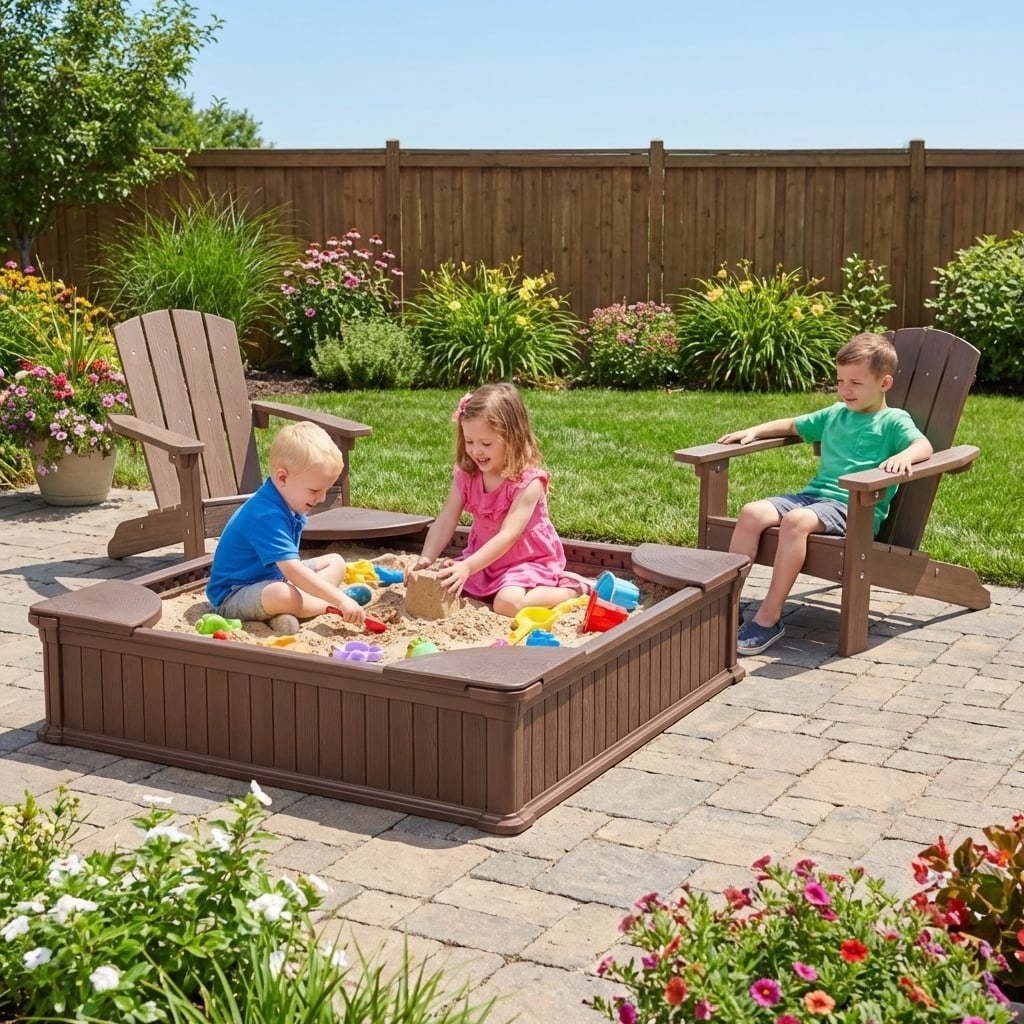 Kids Sandbox with Cover and Seats with 2 Kids Adirondack Chairs view 2