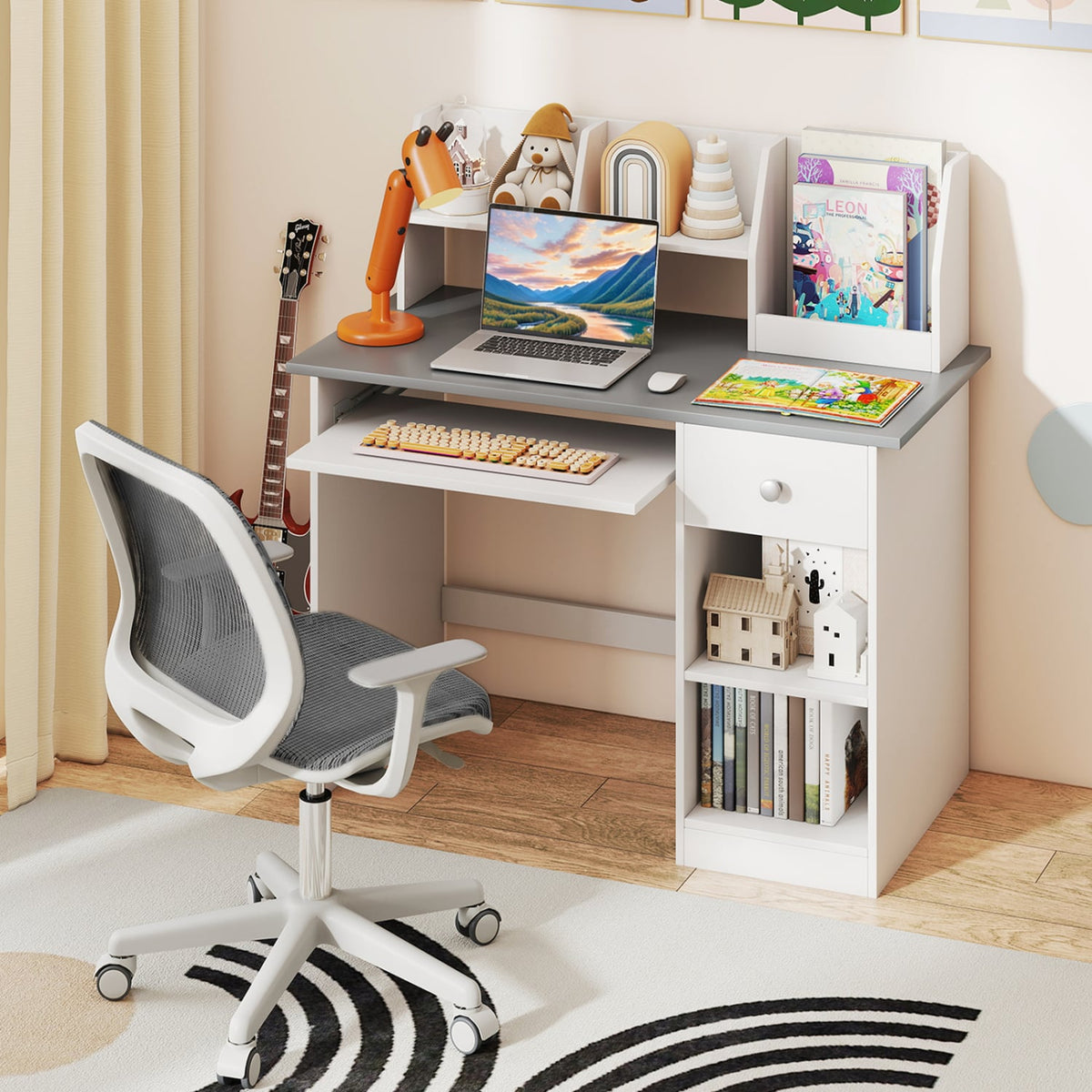 Kids Study Desk Children Writing Table with Hutch Drawer Shelves and Keyboard Tray-Gray view 2