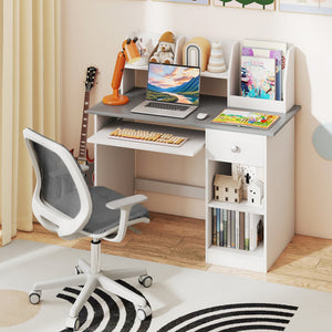 Kids Study Desk Children Writing Table with Hutch Drawer Shelves and Keyboard Tray-Gray view 2