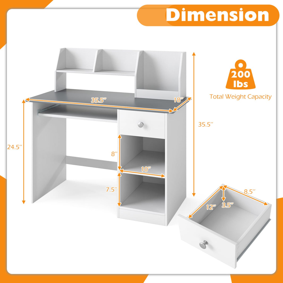 Kids Study Desk Children Writing Table with Hutch Drawer Shelves and Keyboard Tray-Gray view 5