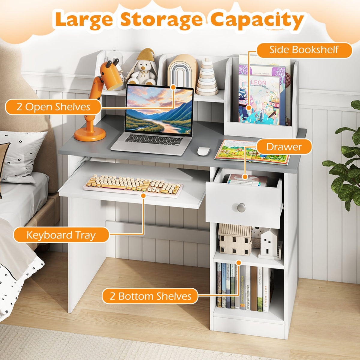 Kids Study Desk Children Writing Table with Hutch Drawer Shelves and Keyboard Tray-Gray view 8