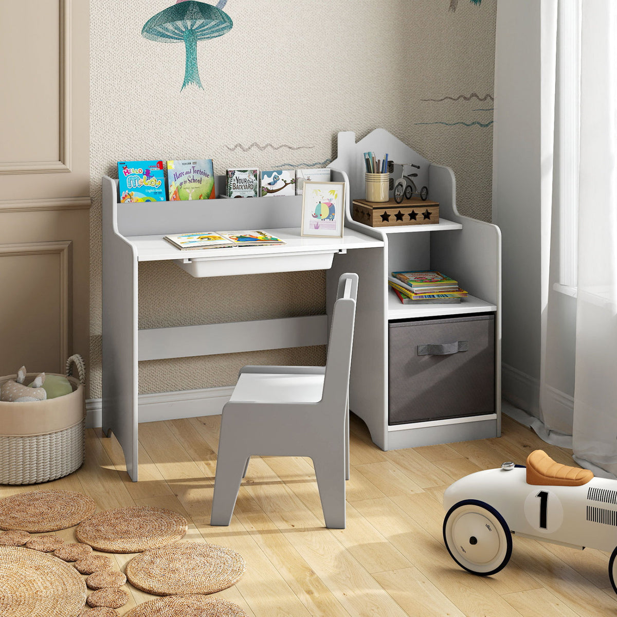 Kids Study Desk and Chair Set with Open Shelves Drawer and Fabric Storage Bin-Gray view 3