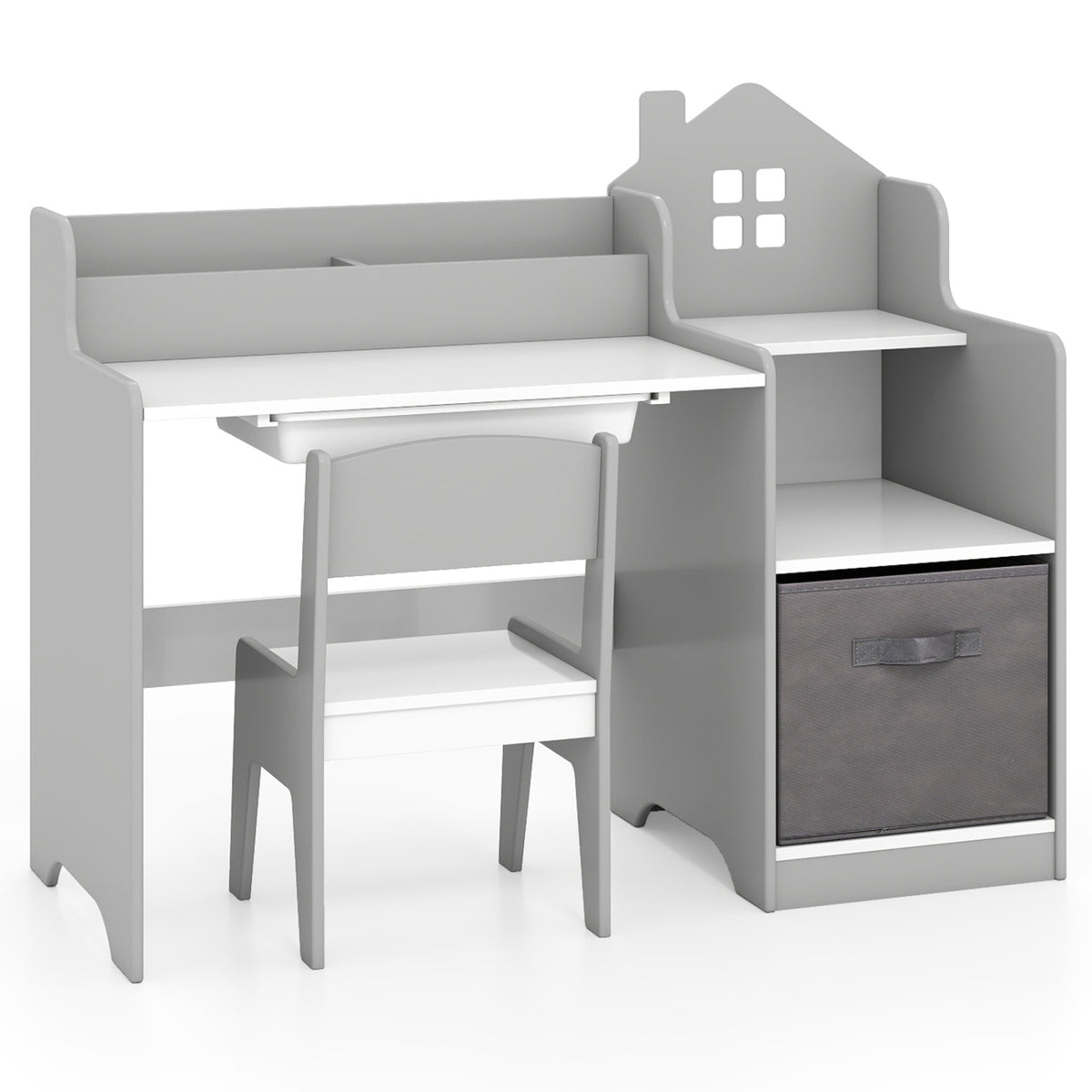 Kids Study Desk and Chair Set with Open Shelves Drawer and Fabric Storage Bin-Gray view 4