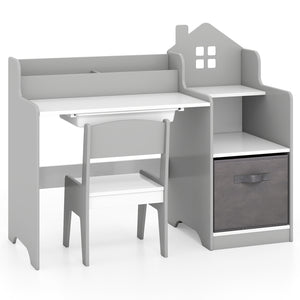 Kids Study Desk and Chair Set with Open Shelves Drawer and Fabric Storage Bin-Gray view 4