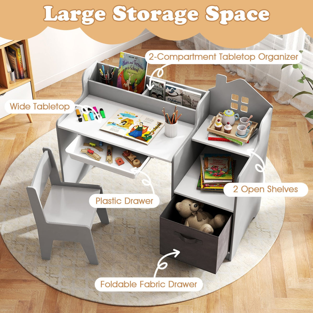 Kids Study Desk and Chair Set with Open Shelves Drawer and Fabric Storage Bin-Gray view 7