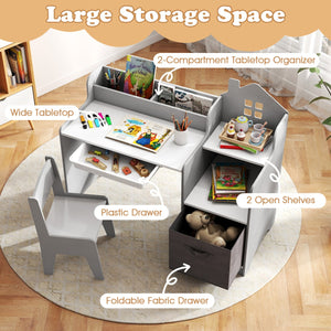 Kids Study Desk and Chair Set with Open Shelves Drawer and Fabric Storage Bin-Gray view 7