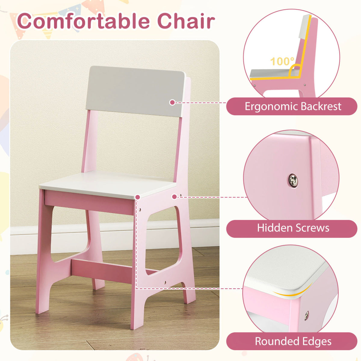 Kids Study Desk and Chair Set Student Table and Chair-White + Pink view 9