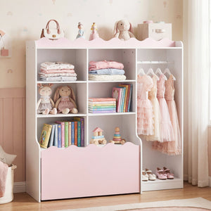 Kids Toy Storage Organizer Children Dress up Closet Wardrobe with Clothing Rack-Pink view 2