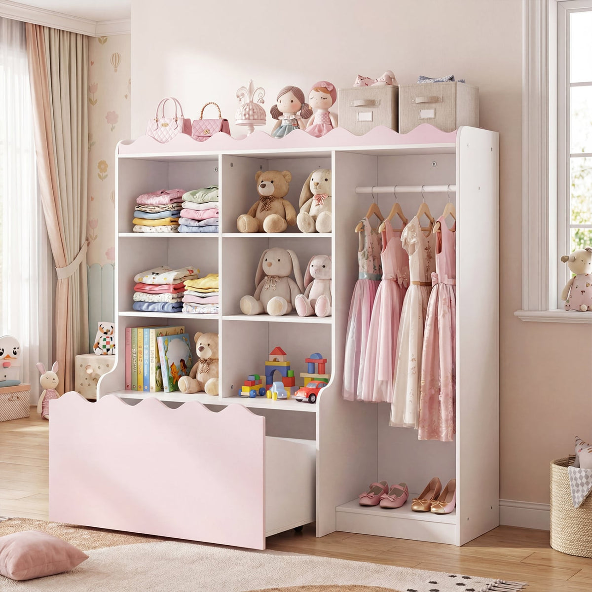 Kids Toy Storage Organizer Children Dress up Closet Wardrobe with Clothing Rack-Pink view 3