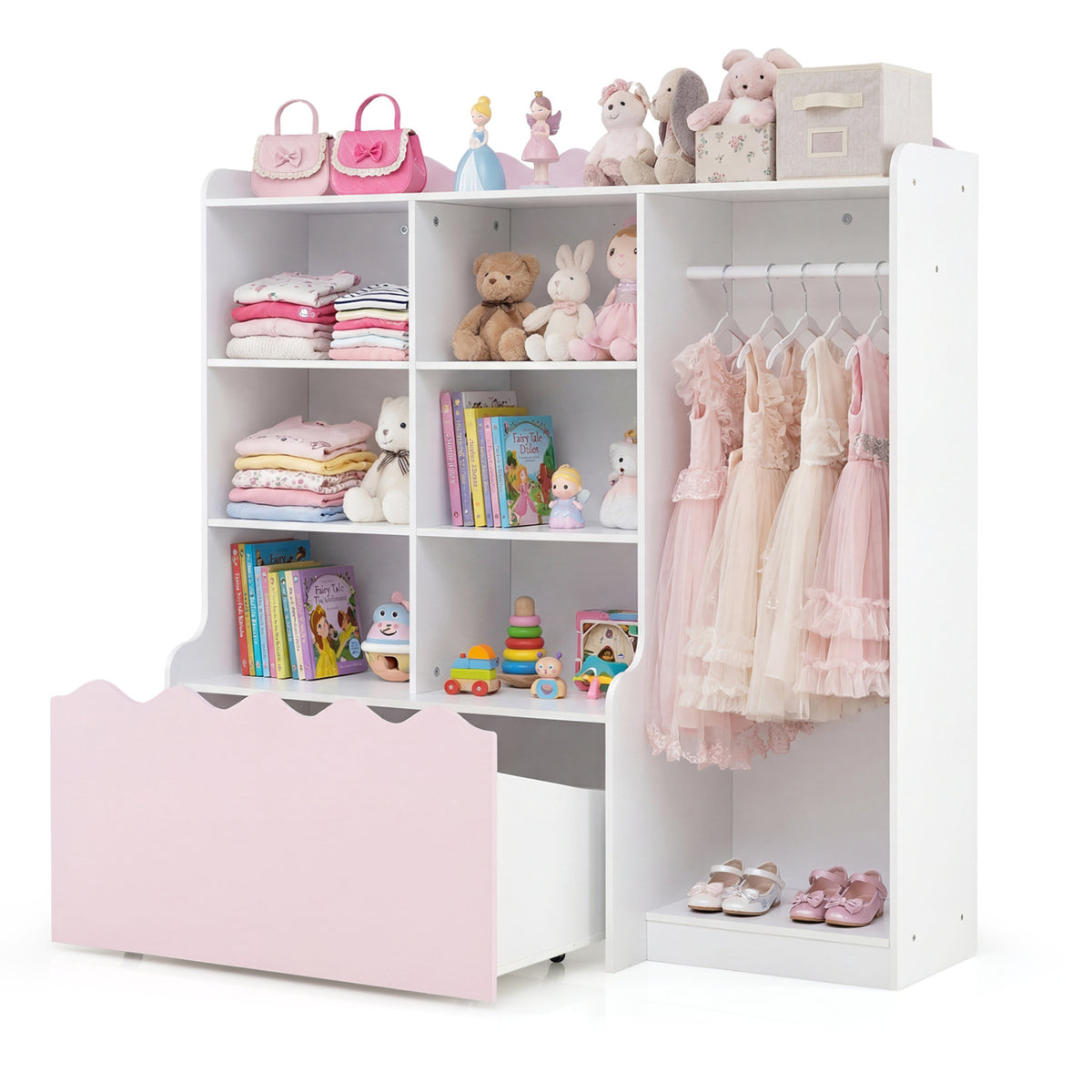 Kids Toy Storage Organizer Children Dress up Closet Wardrobe with Clothing Rack-Pink view 4