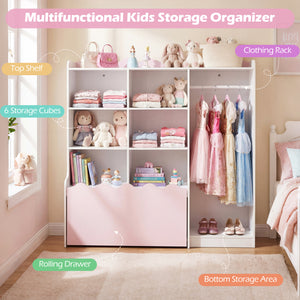 Kids Toy Storage Organizer Children Dress up Closet Wardrobe with Clothing Rack-Pink view 7