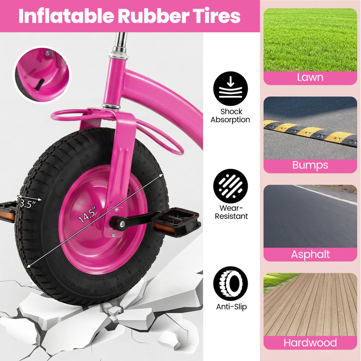 Kids Tricycle with 15 Inch Inflatable Rubber Tires -Pink view 6