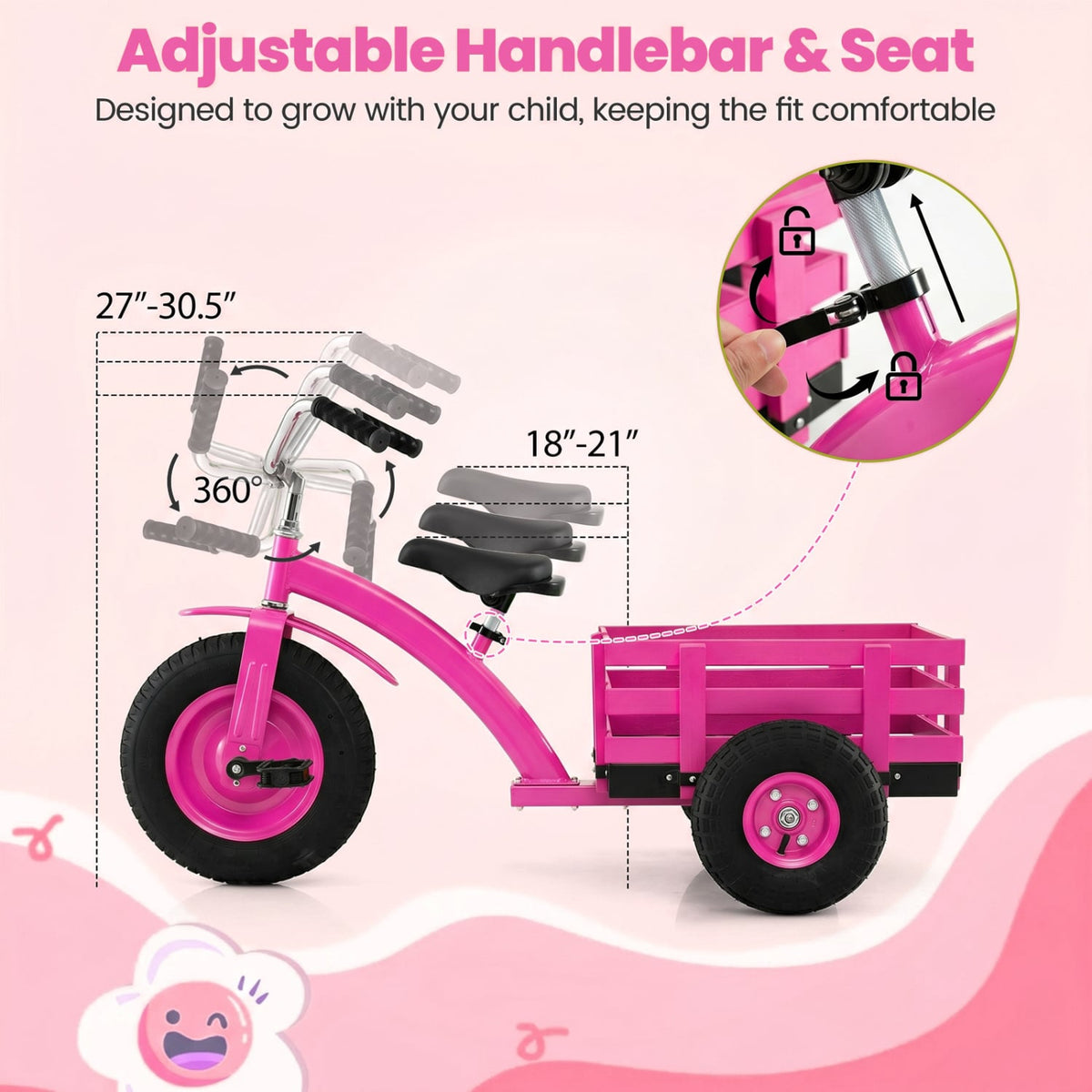 Kids Tricycle with 15 Inch Inflatable Rubber Tires -Pink view 7