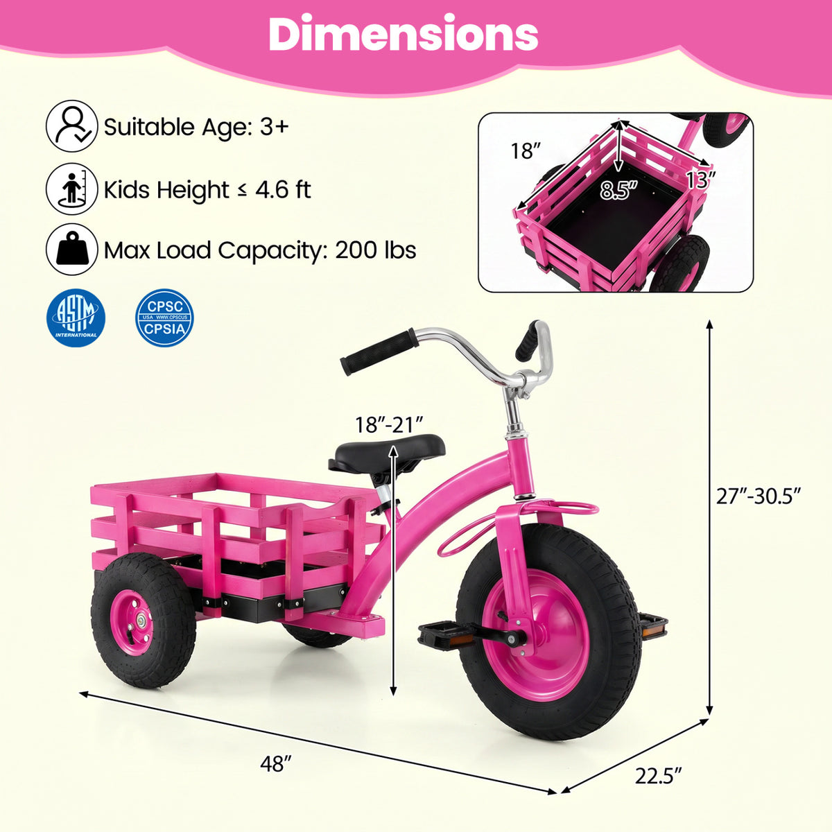 Kids Tricycle with 15 Inch Inflatable Rubber Tires -Pink view 4