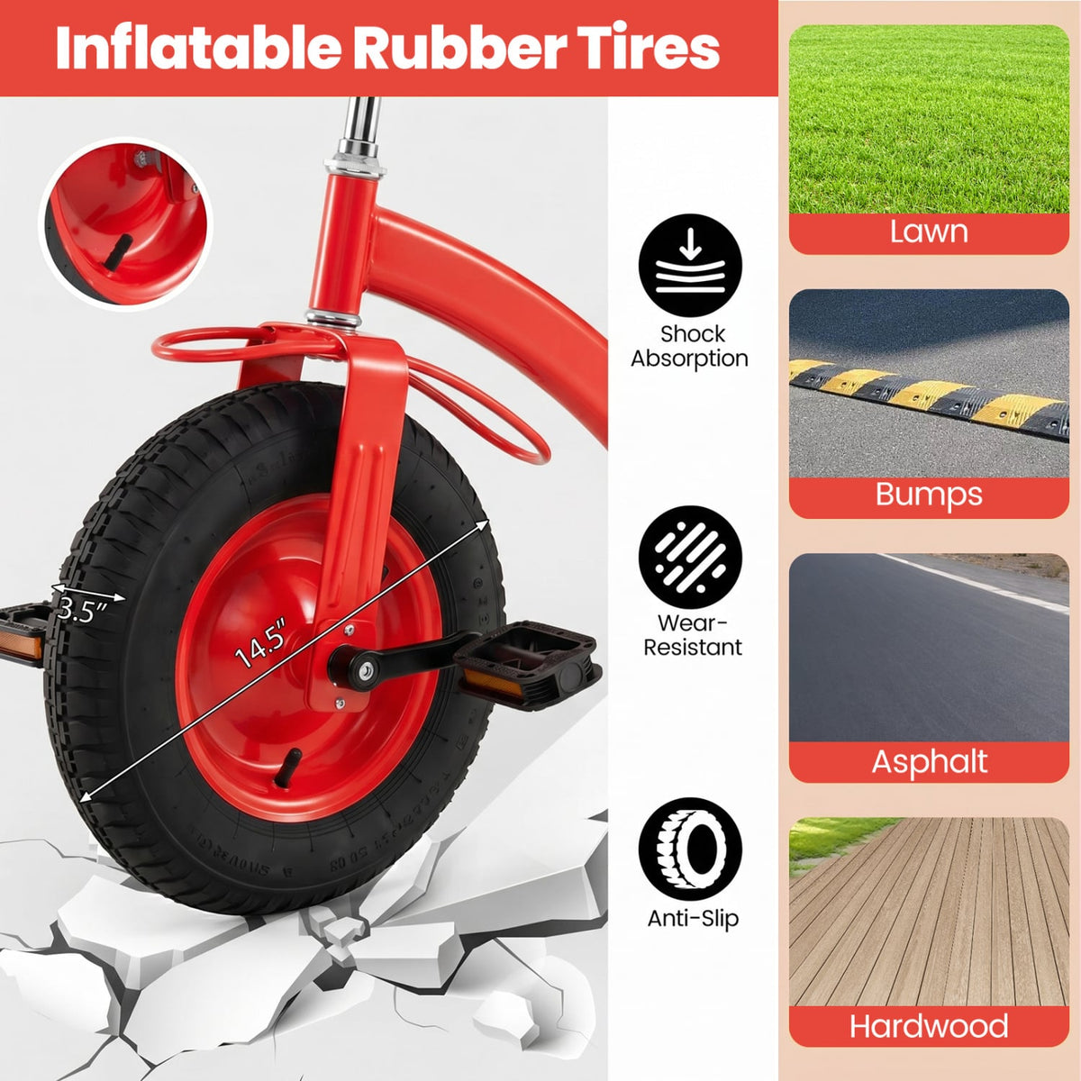 Kids Tricycle with 15 Inch Inflatable Rubber Tires-Red view 6