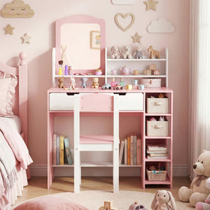Kids Vanity Set with Chair and Mirror Makeup Dressing Desk with Storage Shelves and Drawers-White & Pink view 2
