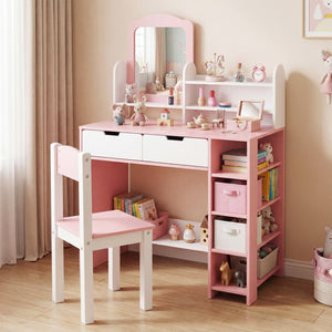 Kids Vanity Set with Chair and Mirror Makeup Dressing Desk with Storage Shelves and Drawers-White & Pink view 3