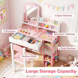 Kids Vanity Set with Chair and Mirror Makeup Dressing Desk with Storage Shelves and Drawers-White & Pink view 8