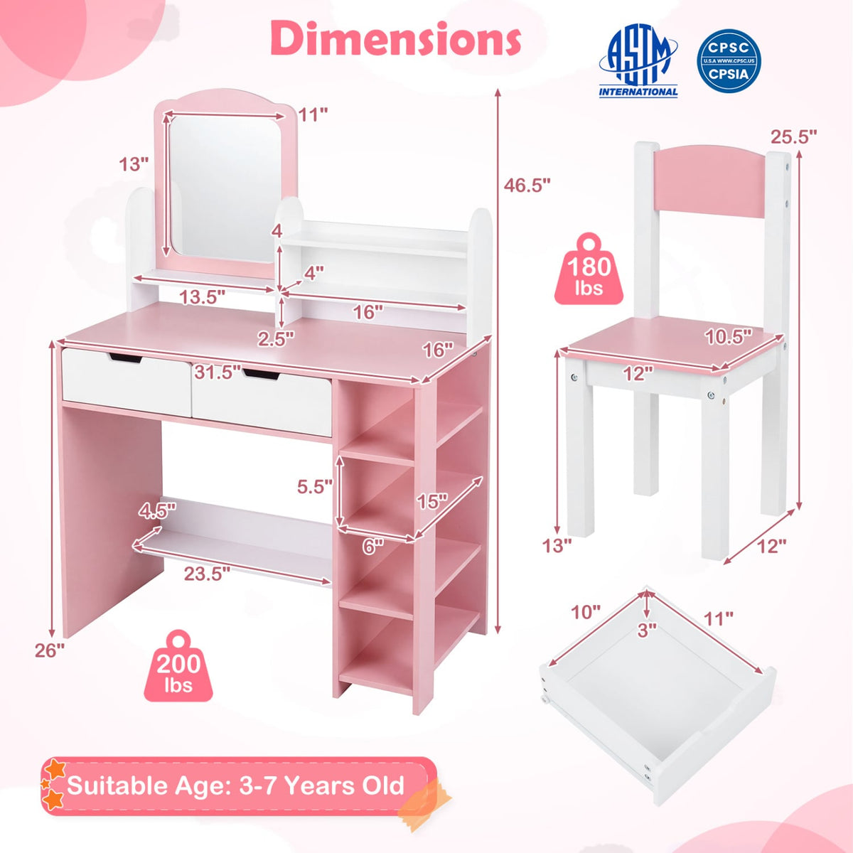 Kids Vanity Set with Chair and Mirror Makeup Dressing Desk with Storage Shelves and Drawers-White & Pink view 5