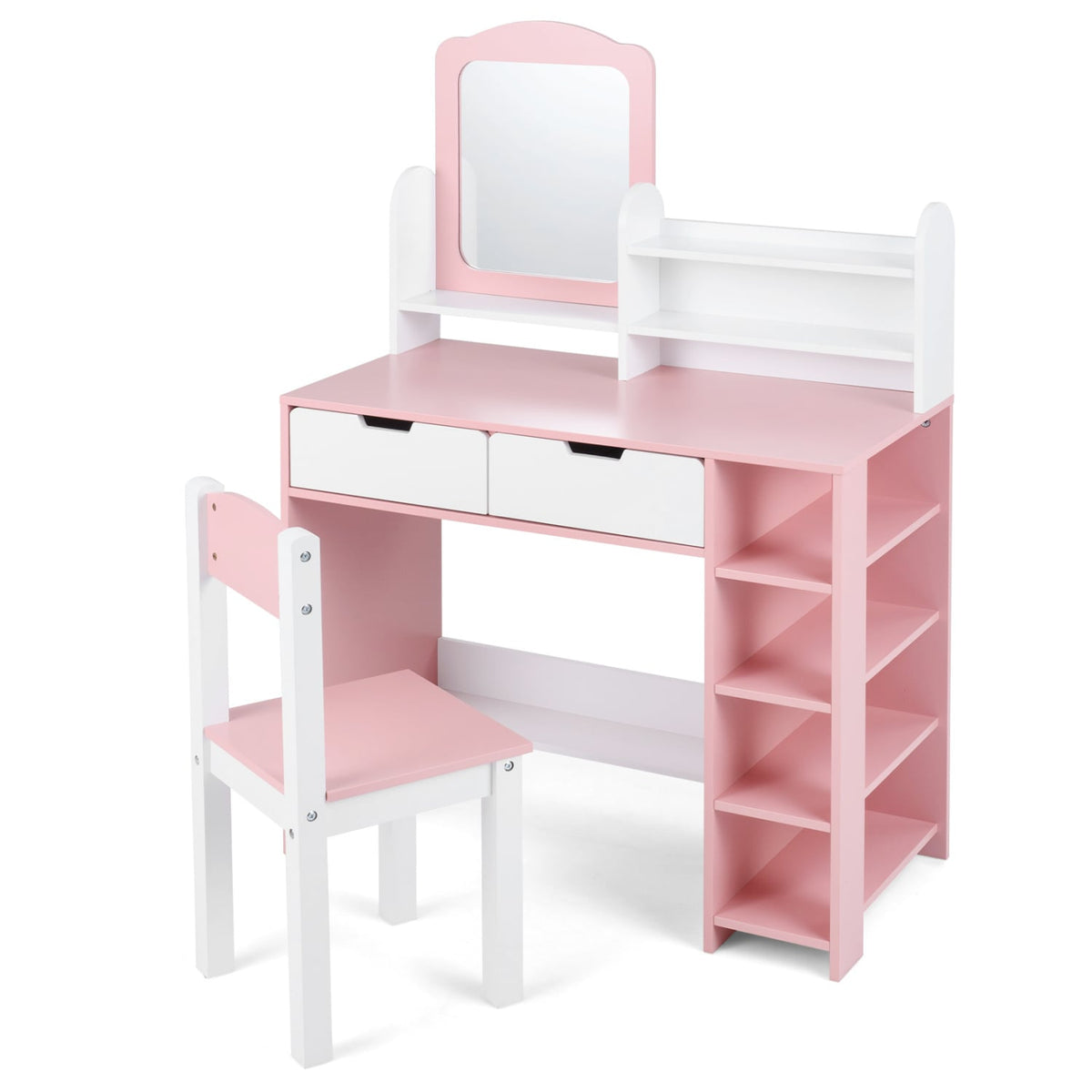 Kids Vanity Set with Chair and Mirror Makeup Dressing Desk with Storage Shelves and Drawers-White & Pink view 4