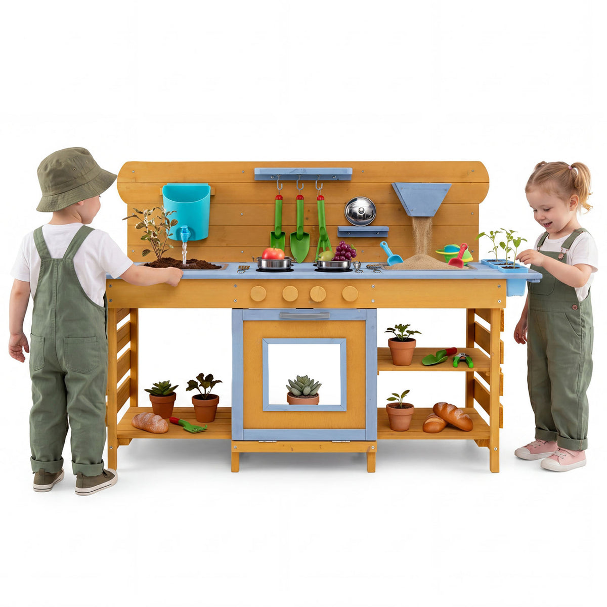 Kids Wooden Mud Kitchen with 2 Sinks and 4 Stoves-Natural view 4